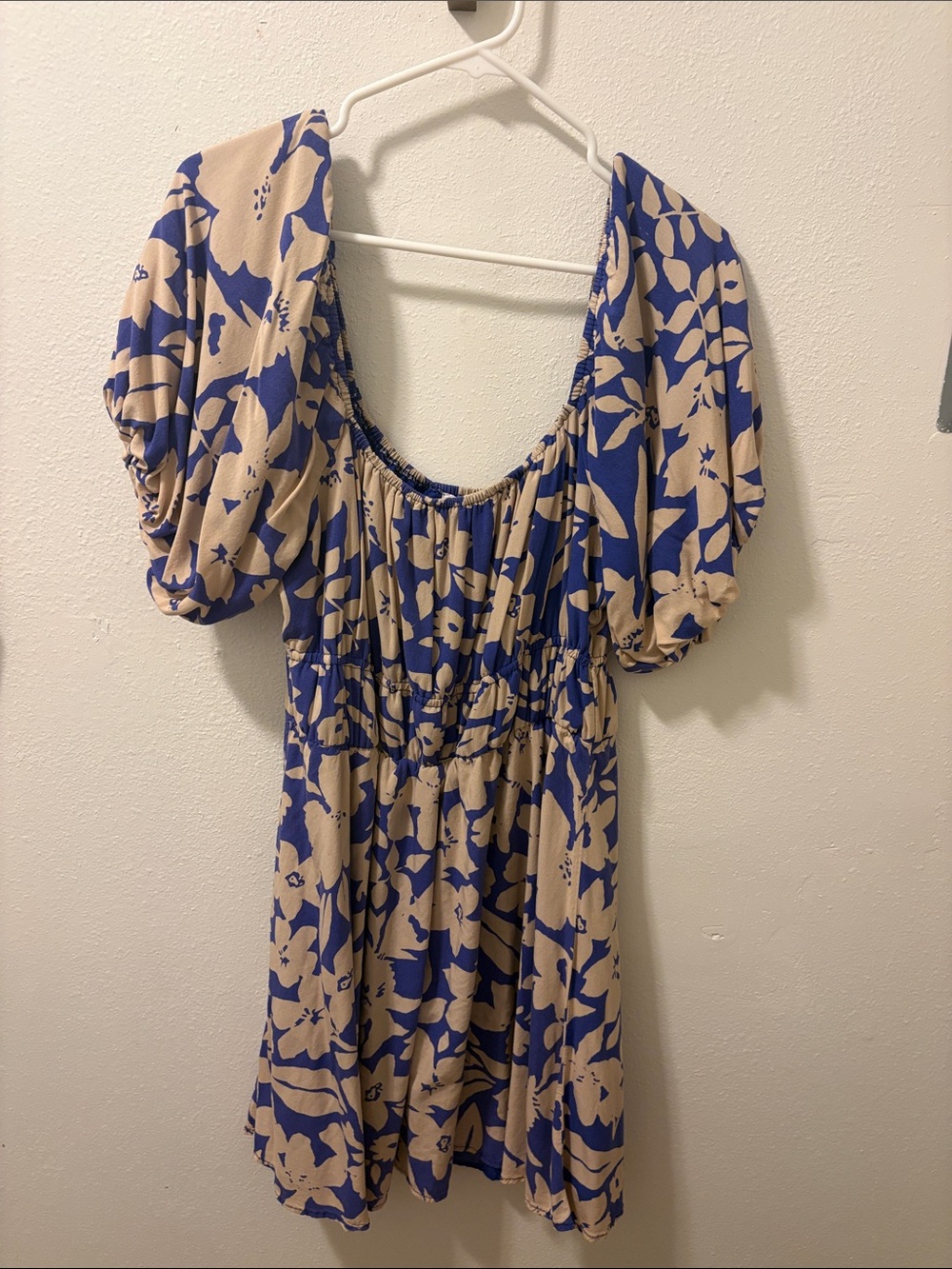 GB Royal Blue and Beige Floral Puff-Sleeve Mini Dress XL